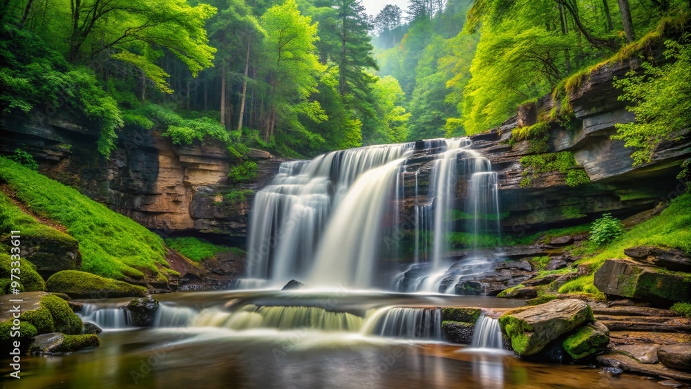 Serene Kilgore Falls in Maryland's Swallow Falls State Park cascades 17 feet down a moss-covered rockface, surrounded by lush green forest and misty atmosphere. Serene Kilgore Falls in Maryland's Swallow Falls State Park cascades 17 feet down a moss-covered rockface, surrounded by lush green forest and misty atmosphere.