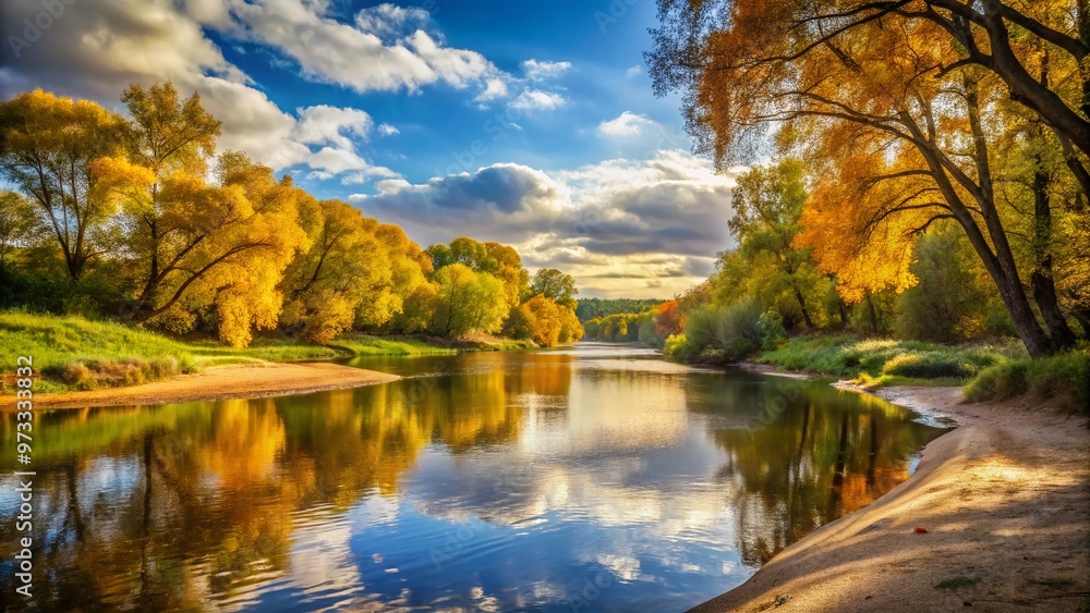 Serene riverside scene with a tranquil river flowing gently past lush greenery, sandy banks, and autumn trees under a warm, sunny afternoon sky. Serene riverside scene with a tranquil river flowing gently past lush greenery, sandy banks, and autumn trees under a warm, sunny afternoon sky.