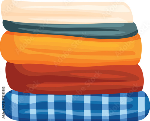 Stack of warm folded plaids of different colors and patterns is lying on a white background