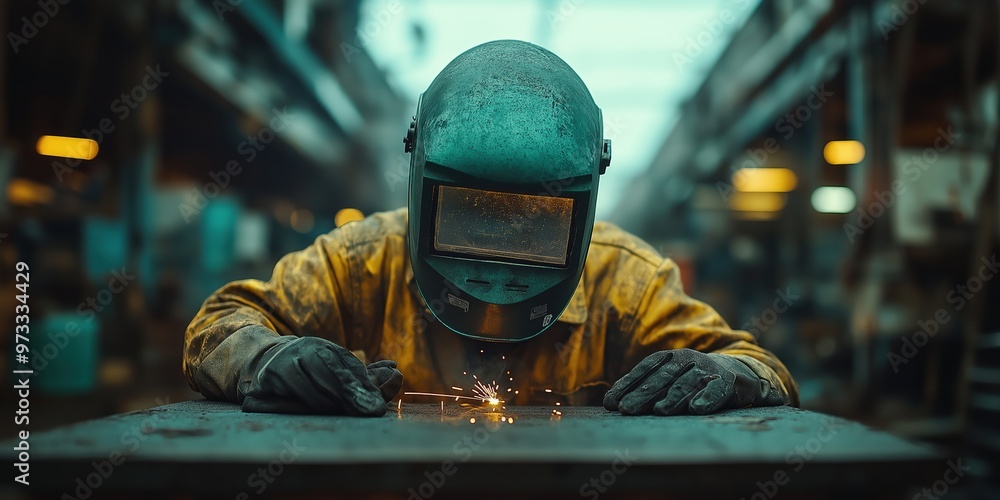 A masked worker is engaged in detailed metal tasks, demonstrating precision with bright arcs and intense light from the torch A masked worker is engaged in detailed metal tasks, demonstrating precision with bright arcs and intense light from the torch