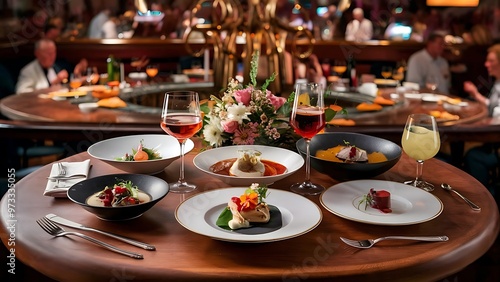 Top of Wooden Table with Blurred Bar Interior restaurant Background