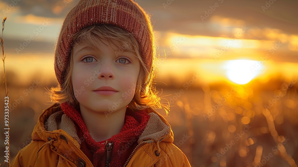 Cute Boy Smiling at Sunset in a Field Cute Boy Smiling at Sunset in a Field