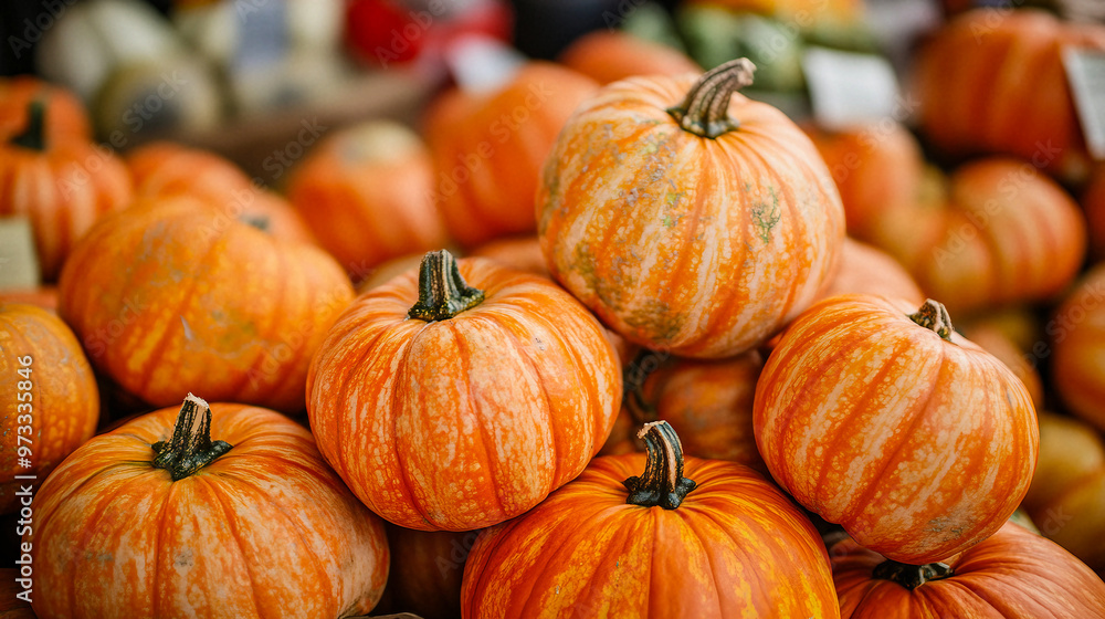 Freshly harvested pumpkins stacked high at a vibrant autumn market in October Freshly harvested pumpkins stacked high at a vibrant autumn market in October