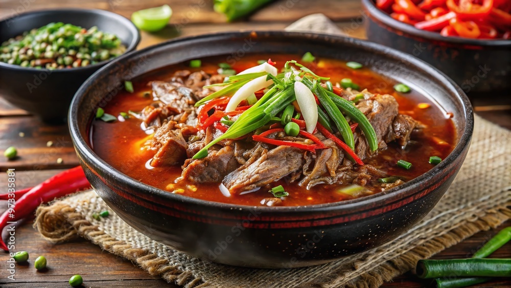Spicy Korean soup, yukgaejang, featuring shredded beef, vegetables, and gochugaru chili flakes in a steaming hot bowl, Spicy Korean soup, yukgaejang, featuring shredded beef, vegetables, and gochugaru chili flakes in a steaming hot bowl,