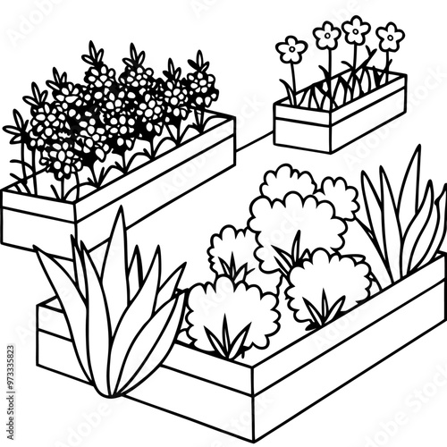 flowerbeds outline coloring book page line art drawing