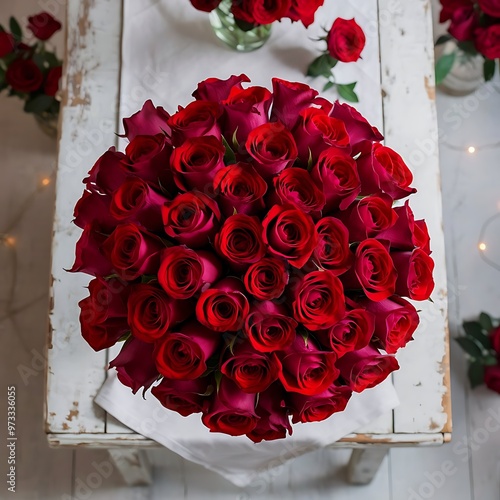 Top view of roses bouquet on wooden table with copy space photo