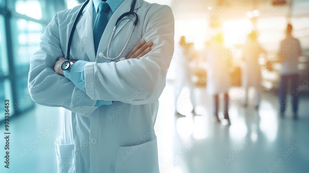 Midsection of a doctor with a stethoscope in a hospital, focusing on healthcare professionalism. Midsection of a doctor with a stethoscope in a hospital, focusing on healthcare professionalism.