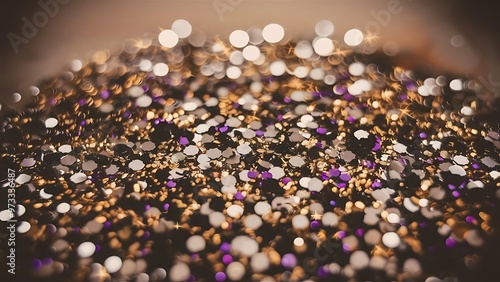 Glitter vintage lights background. light silver , gold, purple and black. defocused.