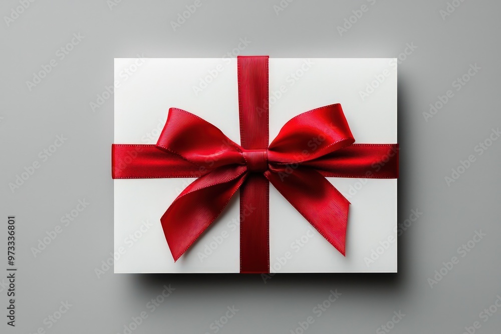 Minimalist white gift card with a red ribbon bow isolated on a grey background. Minimalist white gift card with a red ribbon bow isolated on a grey background.