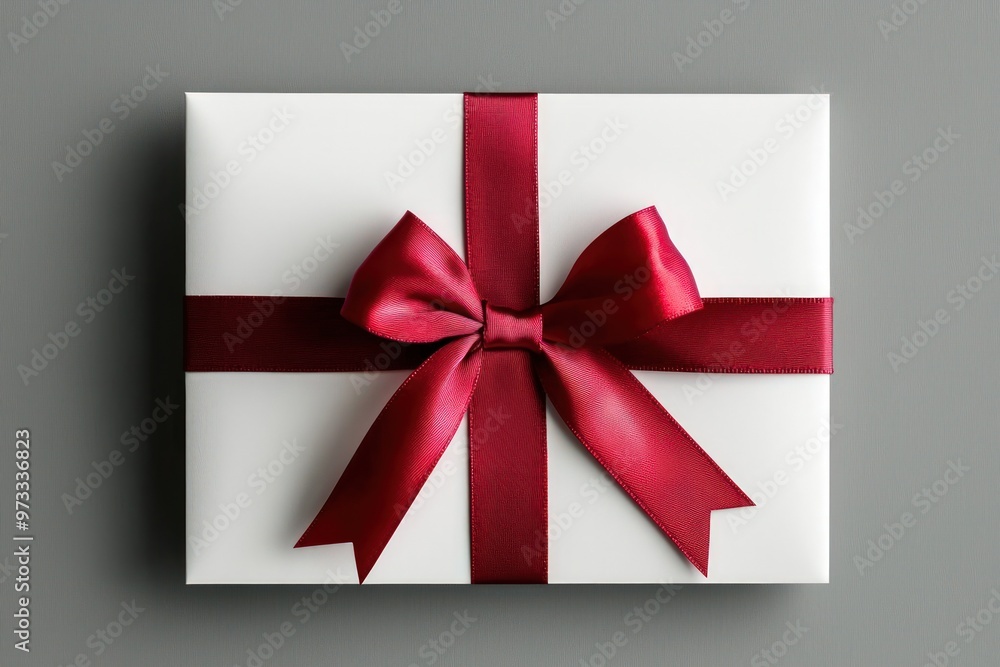 Minimalist white gift card with a red ribbon bow isolated on a grey background. Minimalist white gift card with a red ribbon bow isolated on a grey background.