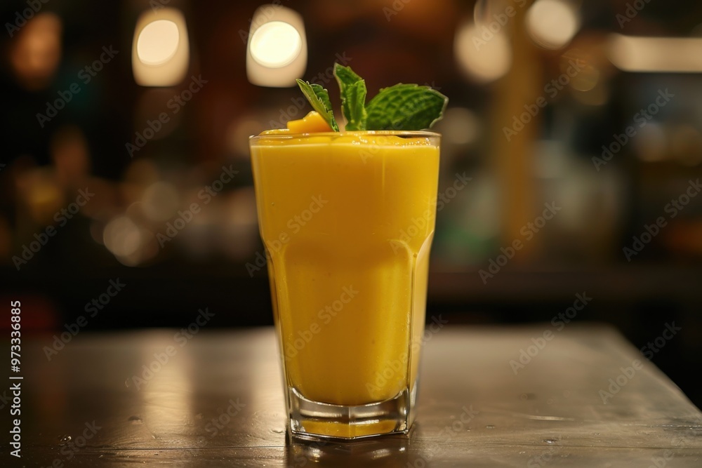 A glass of refreshing Mango Lassi garnished with a mint leaf A glass of refreshing Mango Lassi garnished with a mint leaf