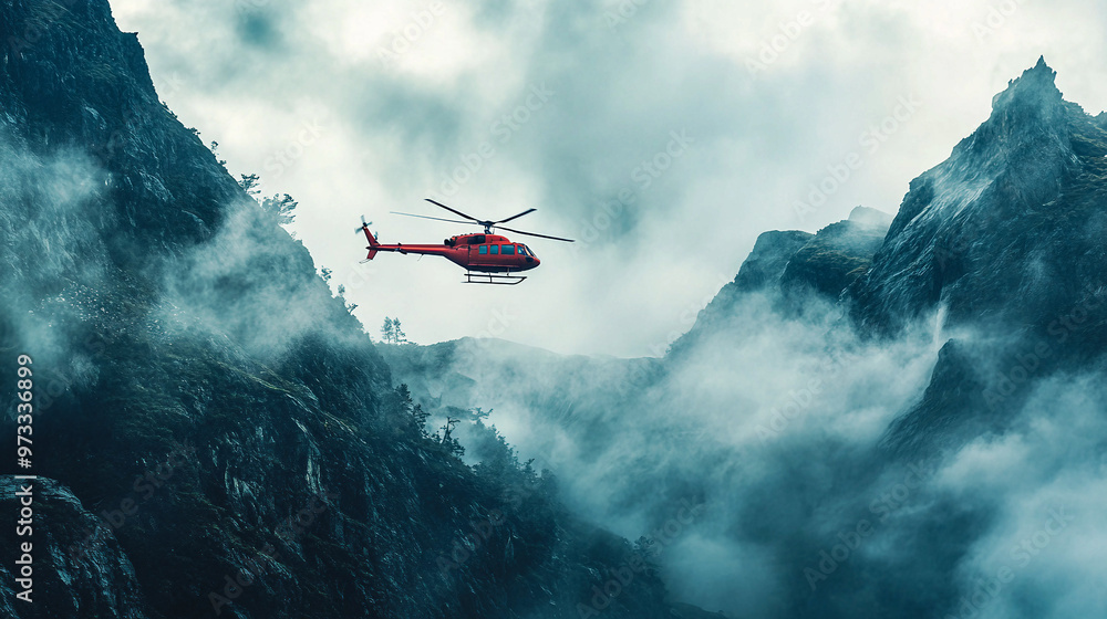 Helicopter navigating through misty mountains during cloudy weather Helicopter navigating through misty mountains during cloudy weather