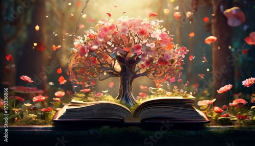 An enchanting image of a magical tree blooming from an open book, surrounded by floating petals and vibrant flowers. The scene evokes a sense of wonder and fantasy, set in a mystical forest.