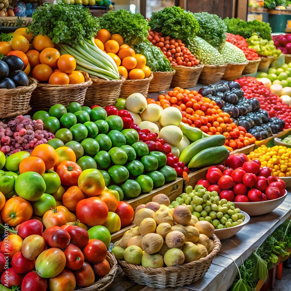 Vibrant Display of Fresh Organic Produce at a Farmers Market, Featuring Colorful Vegetables Like Bell Peppers, Tomatoes, and Greens Vibrant Display of Fresh Organic Produce at a Farmers Market, Featuring Colorful Vegetables Like Bell Peppers, Tomatoes, and Greens