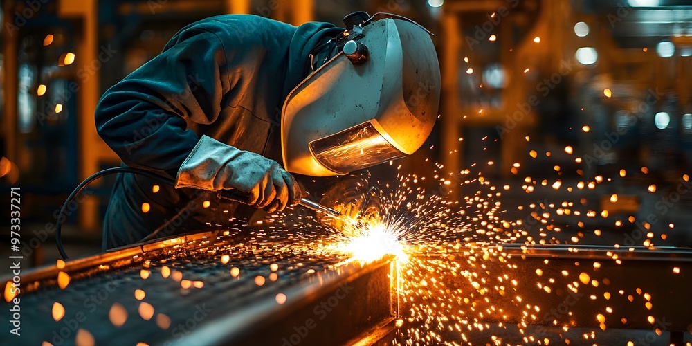 A person in a welding mask focuses on creating strong metal bonds, with visible sparks and glowing torch A person in a welding mask focuses on creating strong metal bonds, with visible sparks and glowing torch