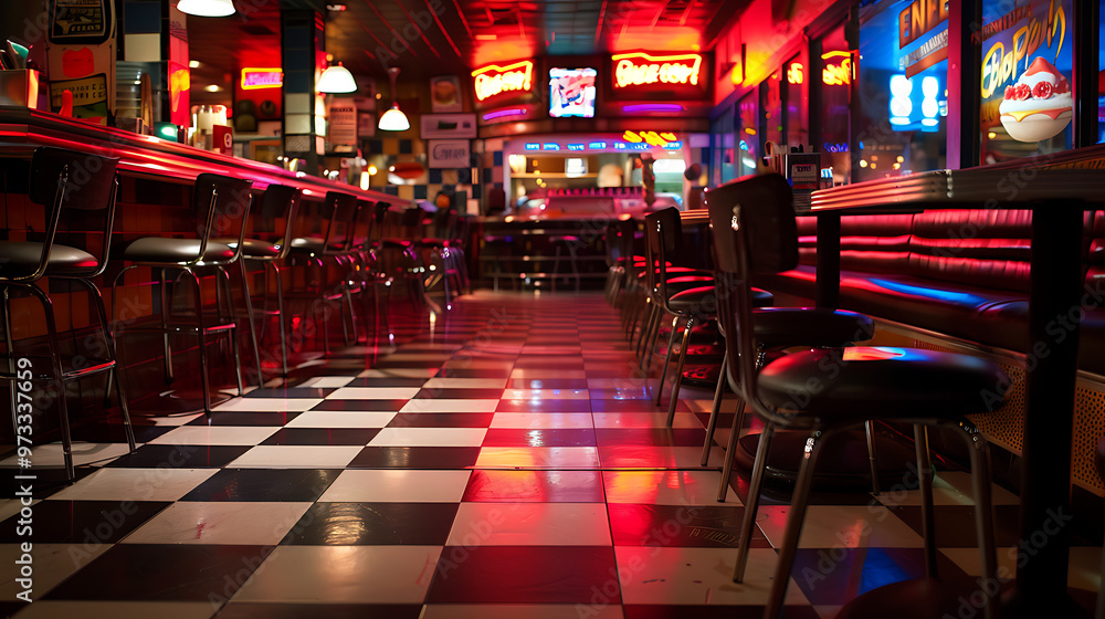 Empty diner with checkered floor and red neon lights. Booths and bar stools line the walls. Empty diner with checkered floor and red neon lights. Booths and bar stools line the walls.