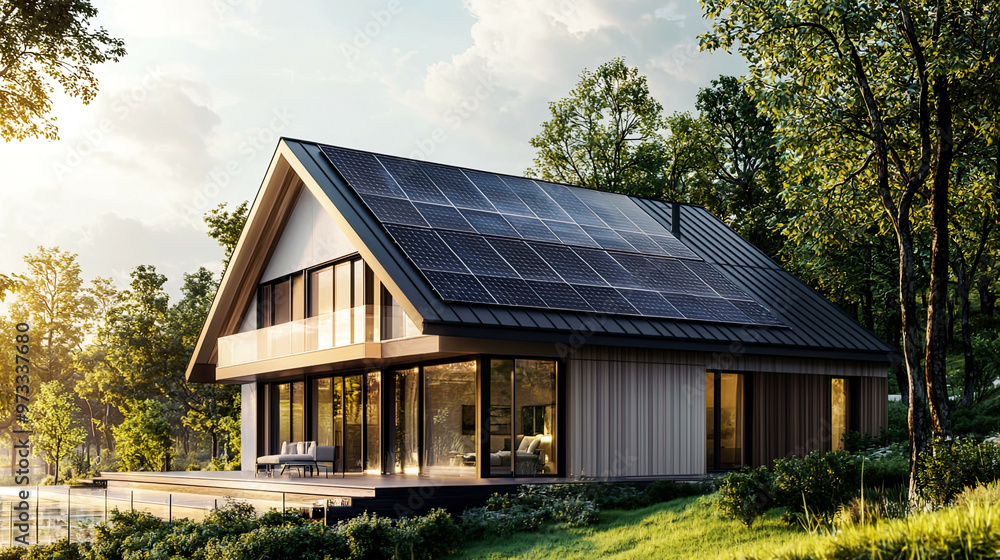 Side-angle shot of a modern home with solar panels on the gable roof, natural light casting reflections, crisp details of the roof and surrounding landscape, ultra-realistic scene Side-angle shot of a modern home with solar panels on the gable roof, natural light casting reflections, crisp details of the roof and surrounding landscape, ultra-realistic scene