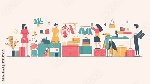 Women shop for clothes and bags in a minimalist shop.