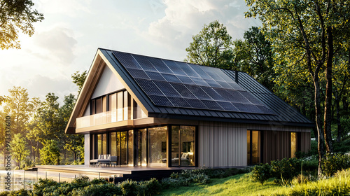 Side-angle shot of a modern home with solar panels on the gable roof, natural light casting reflections, crisp details of the roof and surrounding landscape, ultra-realistic scene