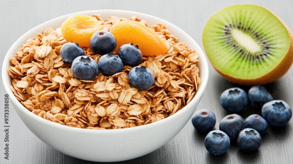 This bowl features granola generously topped with blueberries, slices of kiwi, and oranges, perfectly arranged against a rich wooden background for a refreshing breakfast option This bowl features granola generously topped with blueberries, slices of kiwi, and oranges, perfectly arranged against a rich wooden background for a refreshing breakfast option