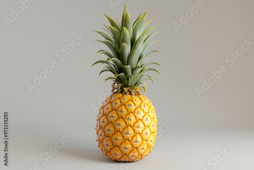 A ripe pineapple with green leaves on a white background.