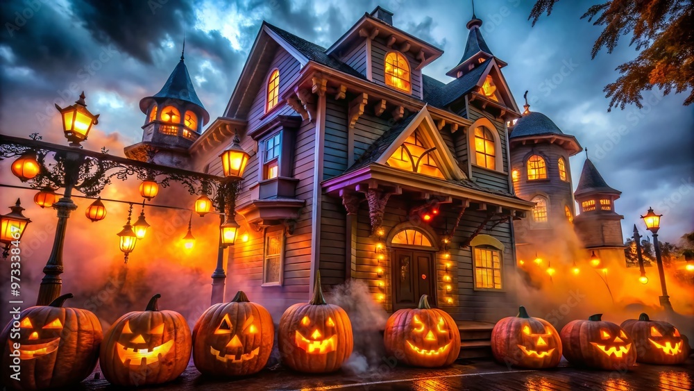 Spooky eerie darkness envelops a haunted haunted house facade at a popular Florida theme park's Halloween event, illuminated by flickering jack-o-lanterns and eerie fog lights. Spooky eerie darkness envelops a haunted haunted house facade at a popular Florida theme park's Halloween event, illuminated by flickering jack-o-lanterns and eerie fog lights.
