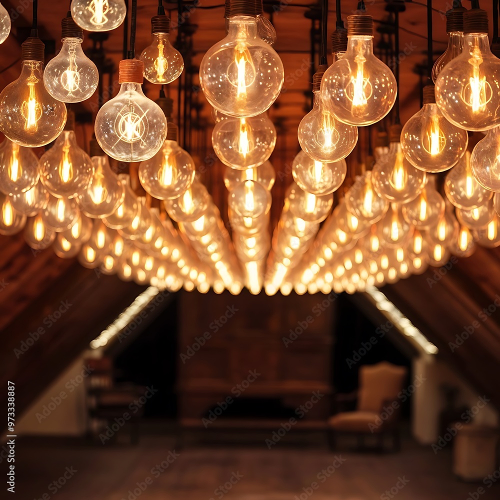 Many glass light bulbs hanging from above Many glass light bulbs hanging from above