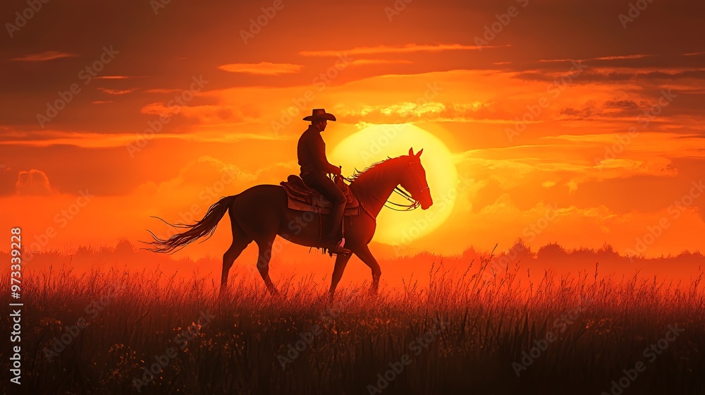© BROPRADANA - Silhouette of a cowboy riding a horse through a field at sunset. © BROPRADANA - Silhouette of a cowboy riding a horse through a field at sunset.