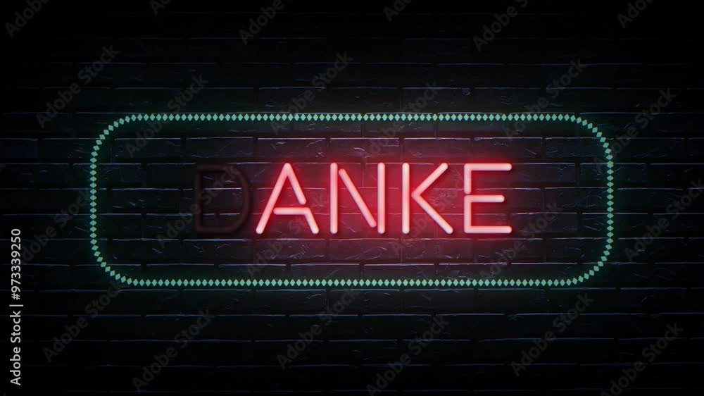 Red and blue neon Danke word animation. Suitable for video intro or greetings. Neon animated video on a brick wall background, welcome words in German. 4K Red and blue neon Danke word animation. Suitable for video intro or greetings. Neon animated video on a brick wall background, welcome words in German. 4K