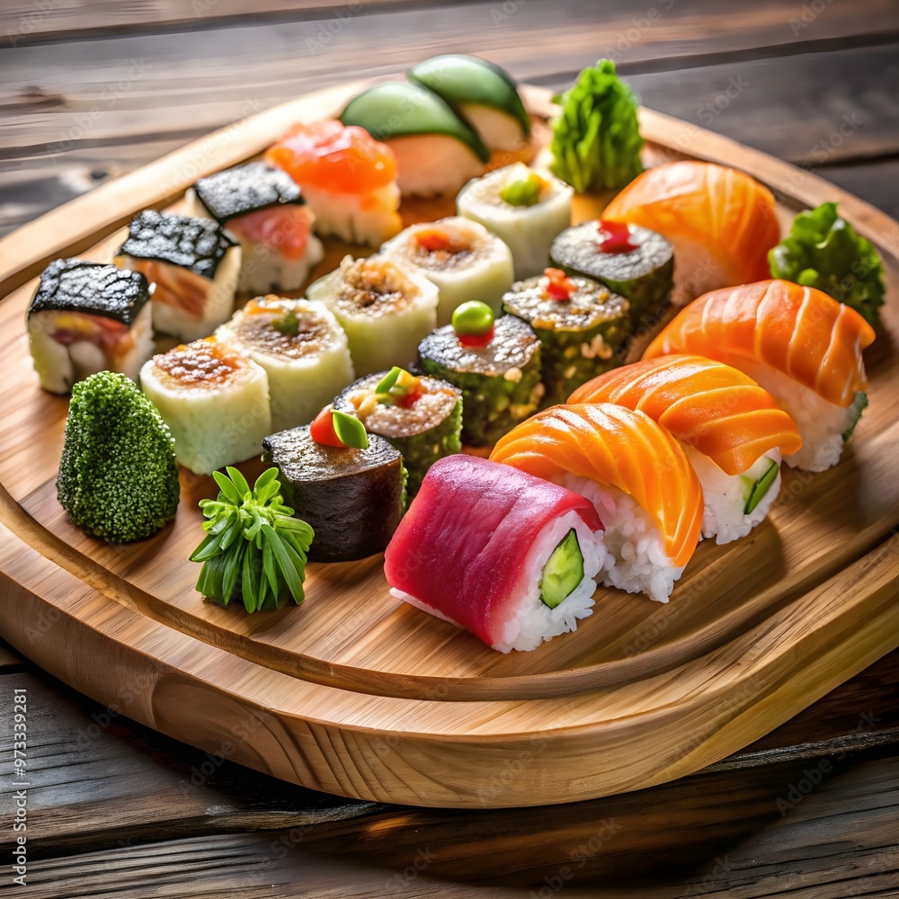 Assorted Sushi Platter with Fresh Sashimi and Rolls, Served on Wooden Board with Wasabi, Soy Sauce, and Ginger, Ready to Eat Assorted Sushi Platter with Fresh Sashimi and Rolls, Served on Wooden Board with Wasabi, Soy Sauce, and Ginger, Ready to Eat