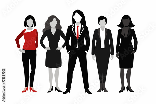 full body 5 business women casual black silhouette vector illustration. separate image and different style with Coat And Tie on white background