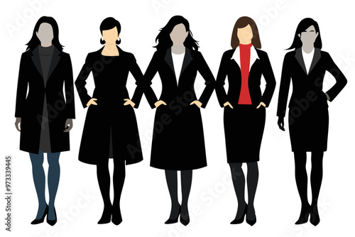 full body 5 business women casual black silhouette vector illustration. separate image and different style with Coat And Tie on white background