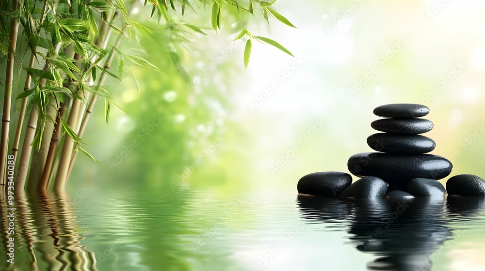 Obraz premium A serene image of a body of water with a few black stones floating on top