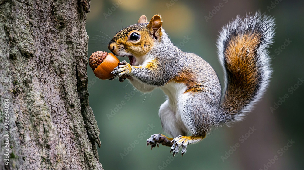 Squirrel leaps from tree trunk while holding an acorn during autumn in a forested area Squirrel leaps from tree trunk while holding an acorn during autumn in a forested area