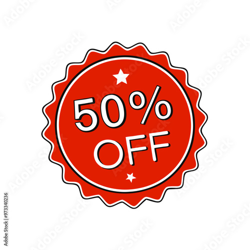 Red star-shaped discount seal with fifty percent off text on a white background, bold design