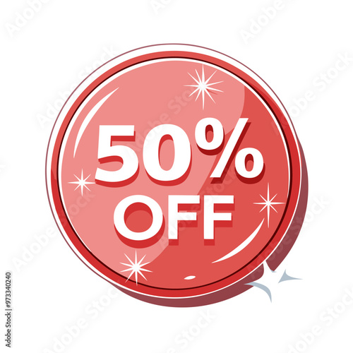 Shiny red circular discount badge with fifty percent off text on a white background, vibrant design
