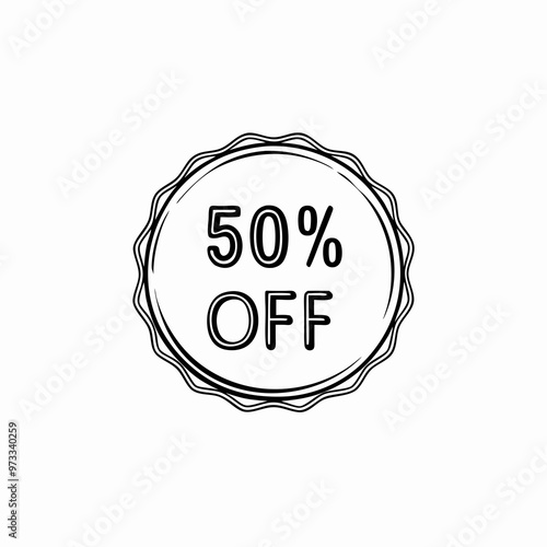 Round black discount seal with fifty percent off text on a white background, classic design
