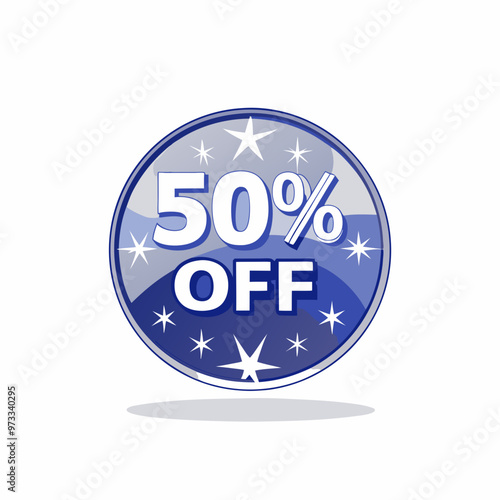 Circular blue discount badge with fifty percent off text on a white background, promotional design
