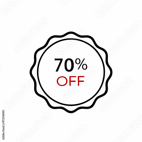 Stylish circular badge indicating seventy percent off with a decorative edge and copy space
