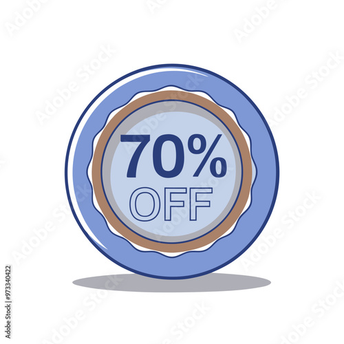 Blue circular badge indicating seventy percent off with a decorative border and copy space