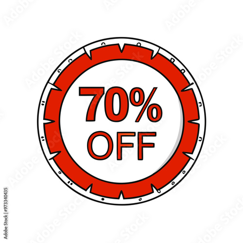 Distinctive red circular badge indicating seventy percent off with copy space