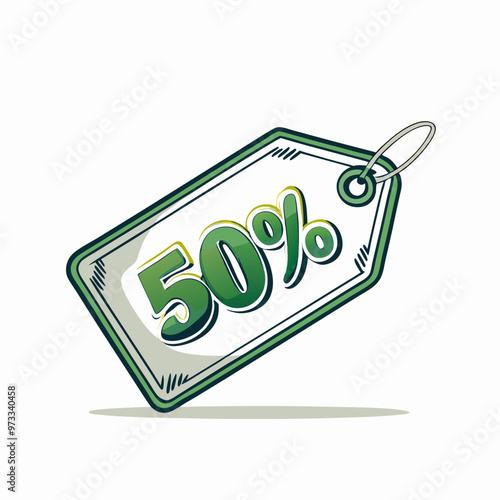 Green discount tag displaying fifty percent off with a stylized design and copy space

