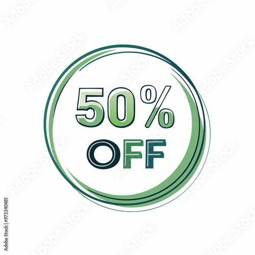Green circular discount badge showing fifty percent off with copy space