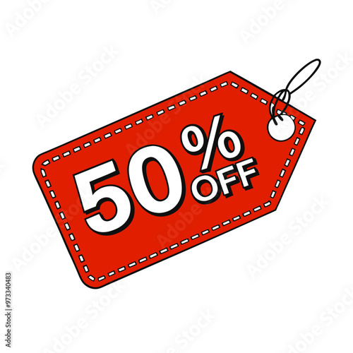 Bright red discount tag indicating fifty percent off with copy space
