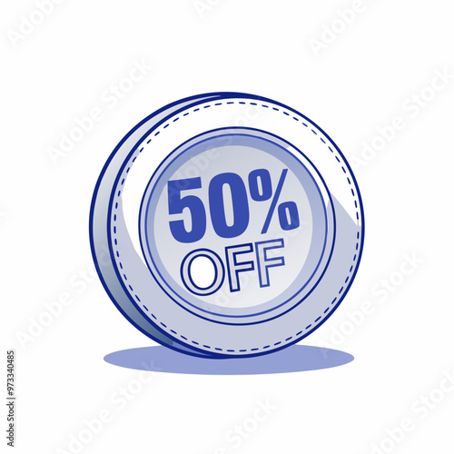 Blue circular discount badge displaying fifty percent off with copy space