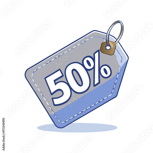 Blue and gray discount tag displaying fifty percent off with copy space