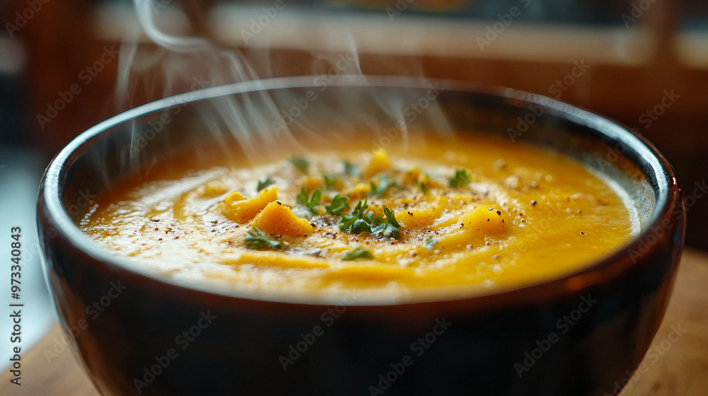 Warm bowl of steaming butternut squash soup garnished with herbs on rustic wooden table Warm bowl of steaming butternut squash soup garnished with herbs on rustic wooden table