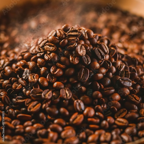 Close up view of heap of aromatic roasted coffee beans photo