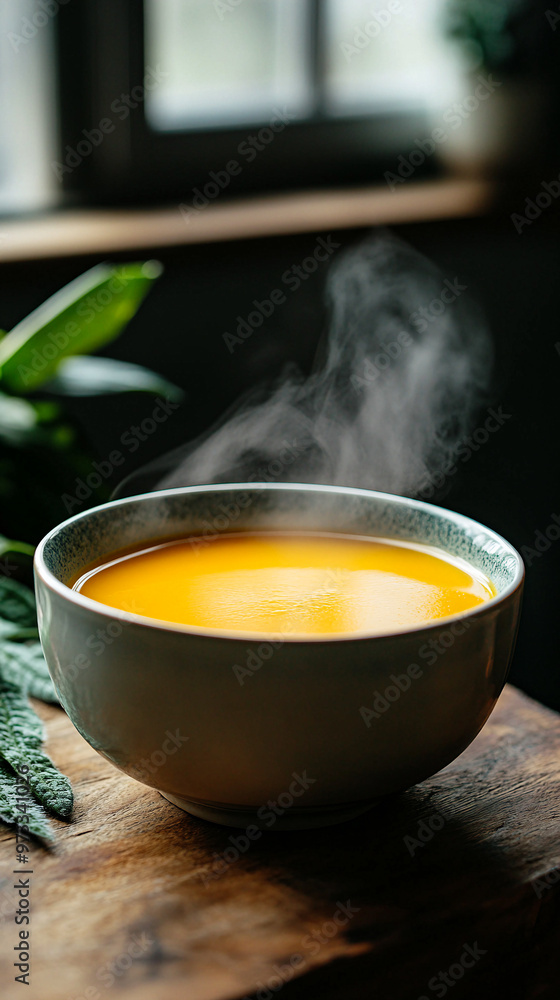 Warm and comforting bowl of steaming golden soup on a wooden surface near a window Warm and comforting bowl of steaming golden soup on a wooden surface near a window