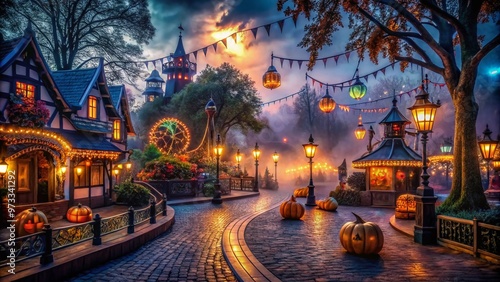 Spooky nighttime atmosphere at a popular theme park, featuring dimly lit pathways, eerie decorations, and terrifying attractions on a haunted event map. photo